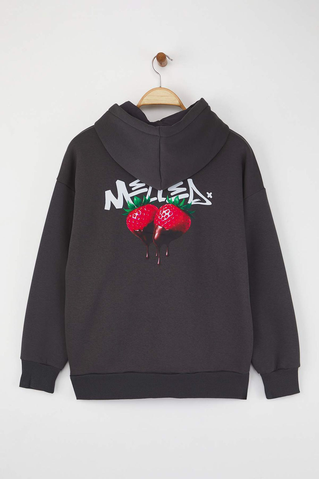 Teen Kal?n Ici Polarl? Antrasit Kapusonlu On ve S?rt Cilek Bask?l? Orme Sweatshirt TWOAW26SW00114