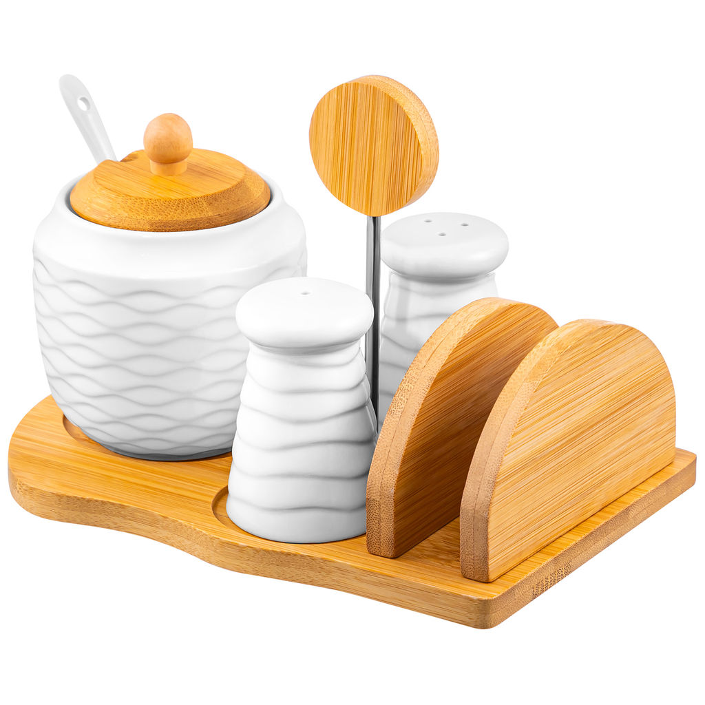 Набор - сахарница 350 мл "Айсберг волны" с ложкой + солонка + перечница + салф.на дер.подст.с ручкой