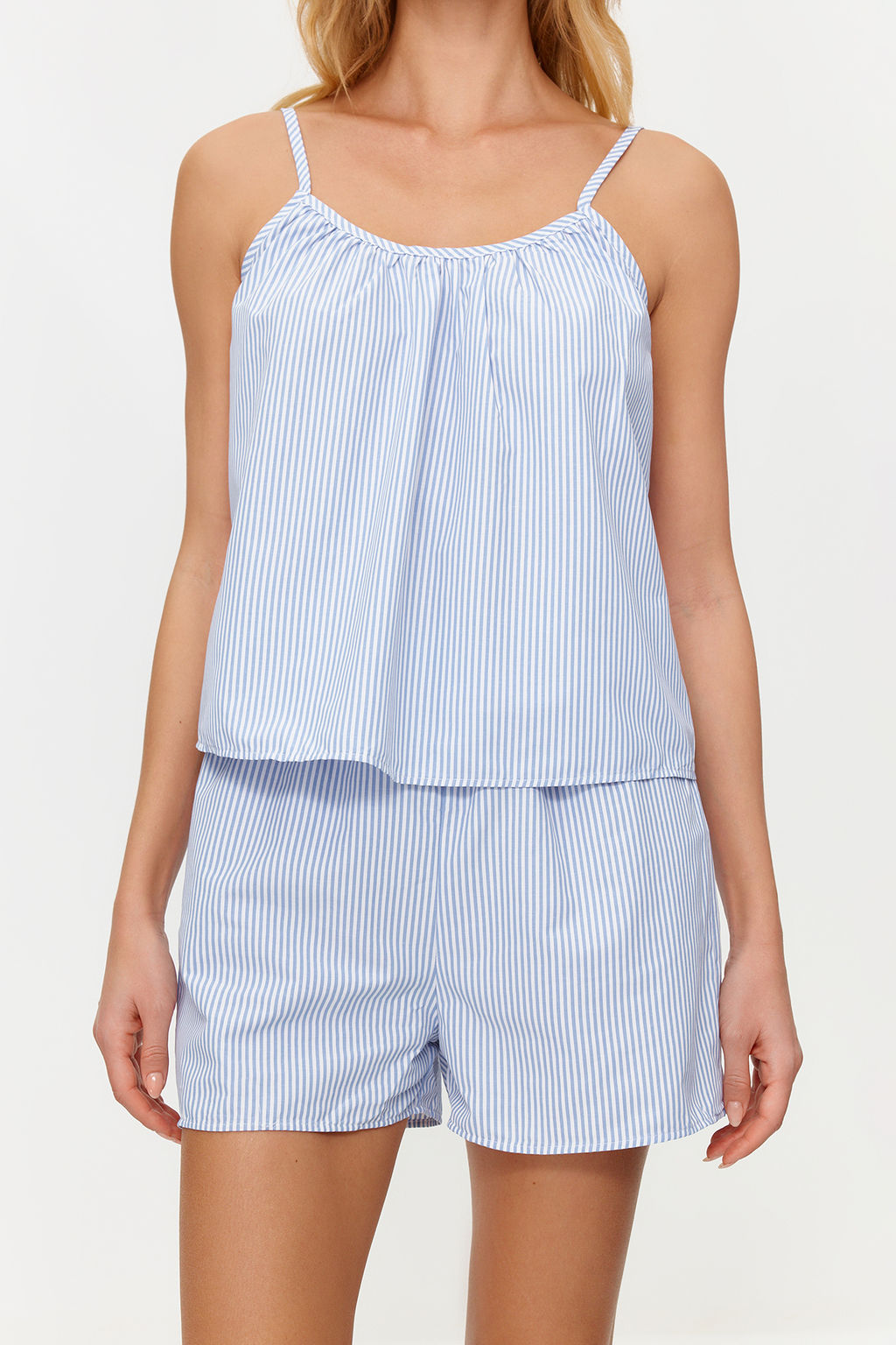 Trendyolmilla Mavi Cizgili Ip Ask?l? Poplin Sortlu Dokuma Pijama Tak?m? THMSS24PT00049  фото 4