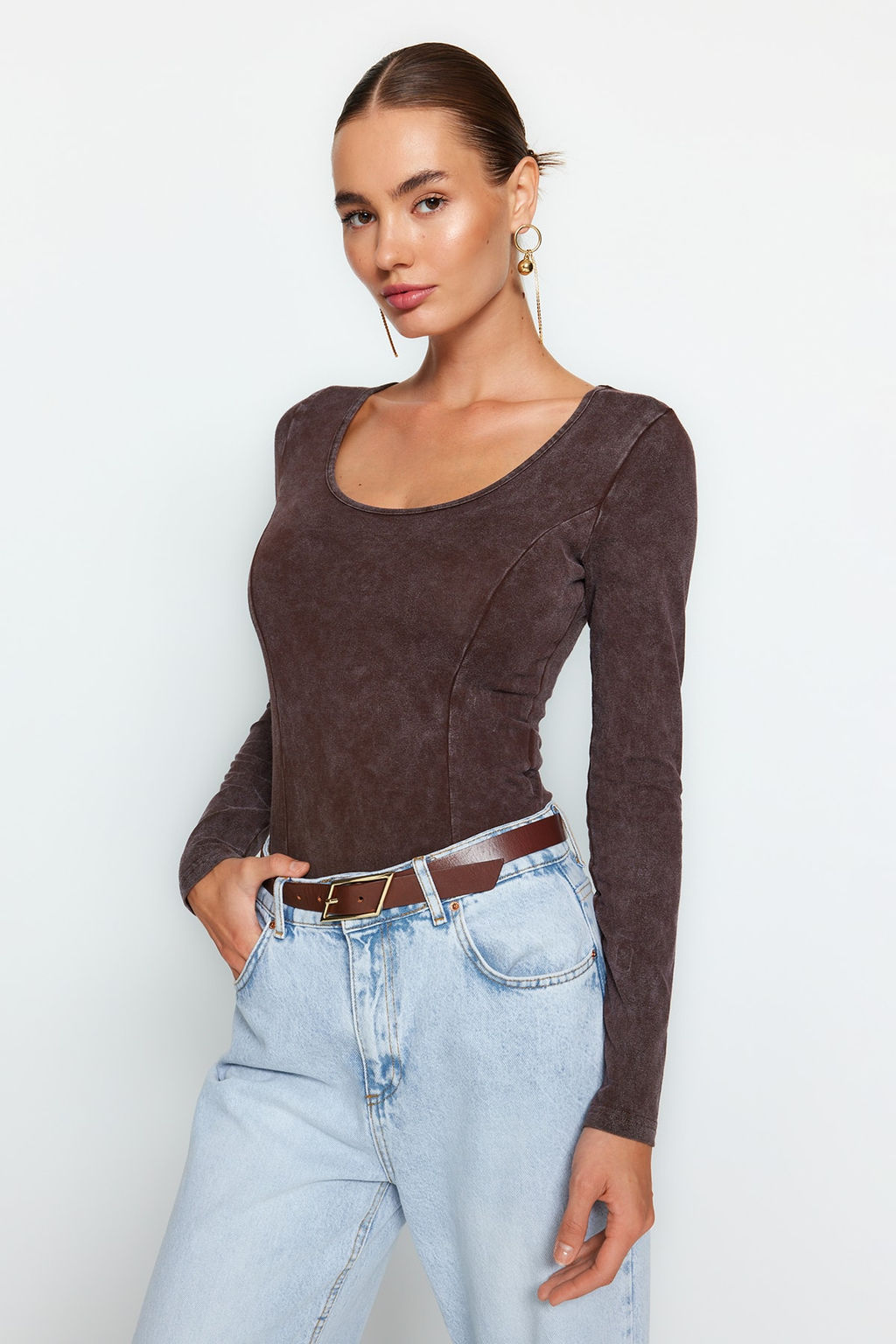 Kahverengi Eskitme/Soluk Efektli Pamuklu Uzun Kol Esnek C?tc?tl? Orme Body TWOAW24BD00044