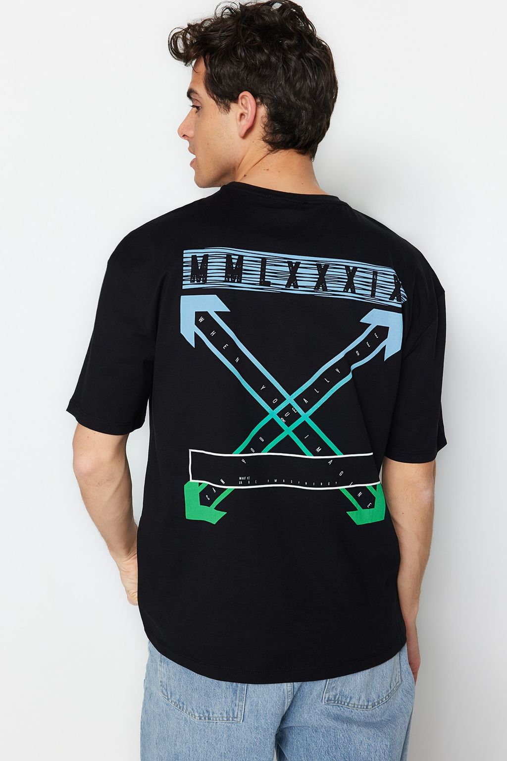 TRENDYOL MAN Siyah Oversize/Genis Kesim S?rt Bask?l? %100 Pamuklu T-shirt TMNSS20TS1132 - Trendyolmilla фото 4
