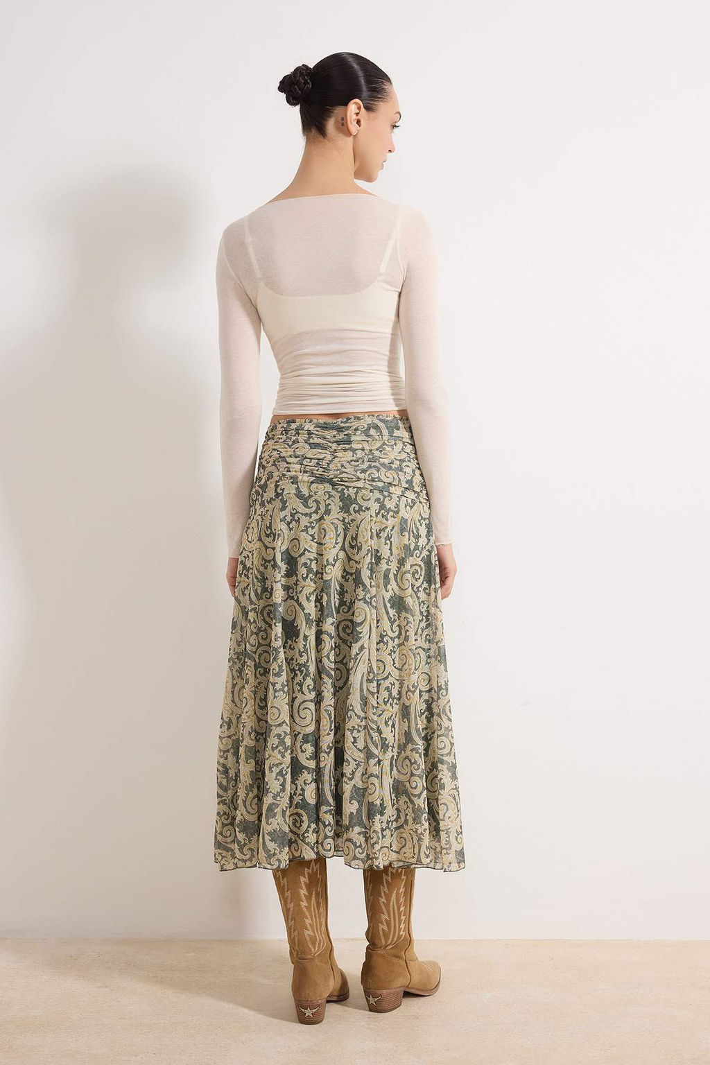 Haki Maxi Buzgu/Drape Detayl? Boho/Boho Chic Baskl?l? Tul Esnek Orme Etek TWOAW26ET00122