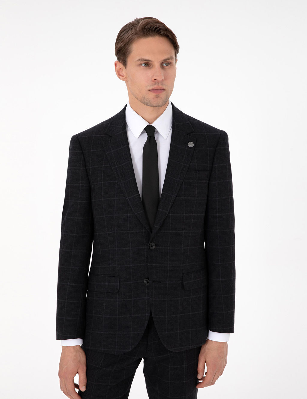 Siyah Slim Fit Ekose Y_nl_ Tak_m Elbise