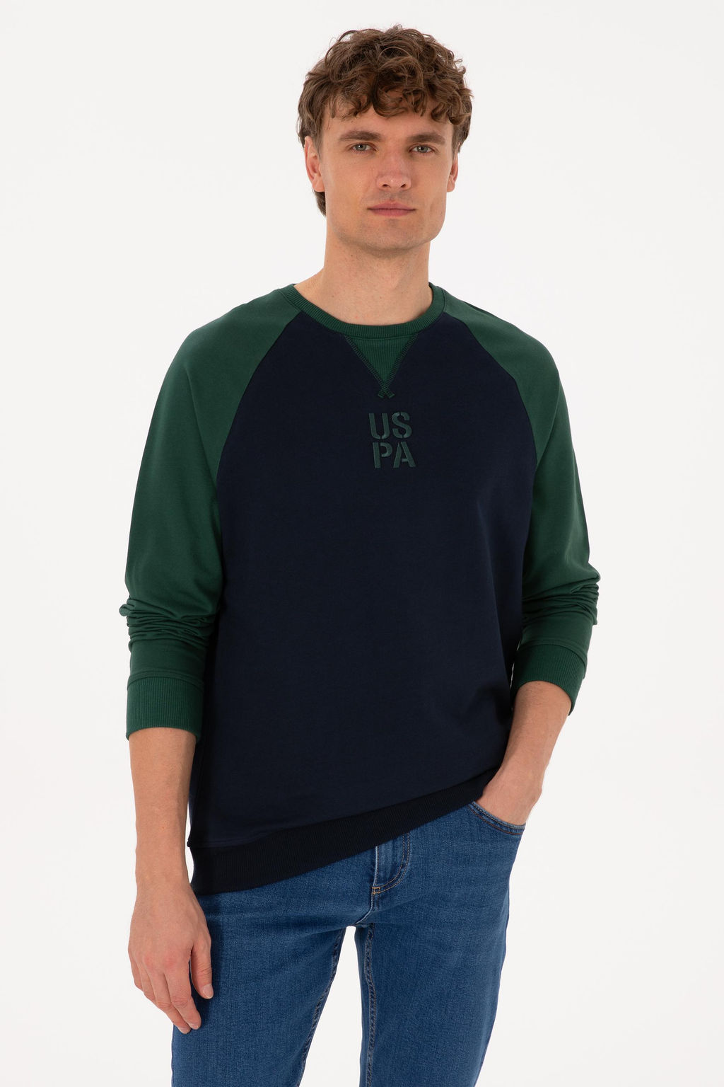 Erkek Bisiklet Yaka Regular Fit Koyu Ye_il Sweatshirt