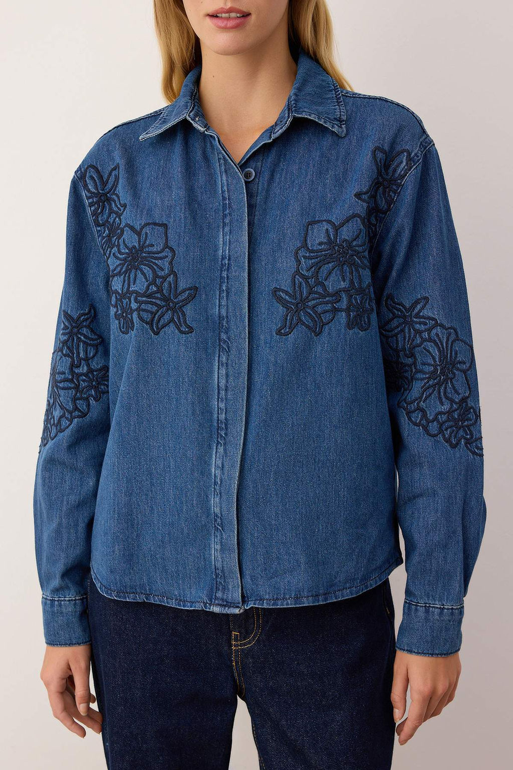 Koyu Mavi Nak?s Detayl? Uzun Kollu Denim Gomlek TWOAW26GO00031