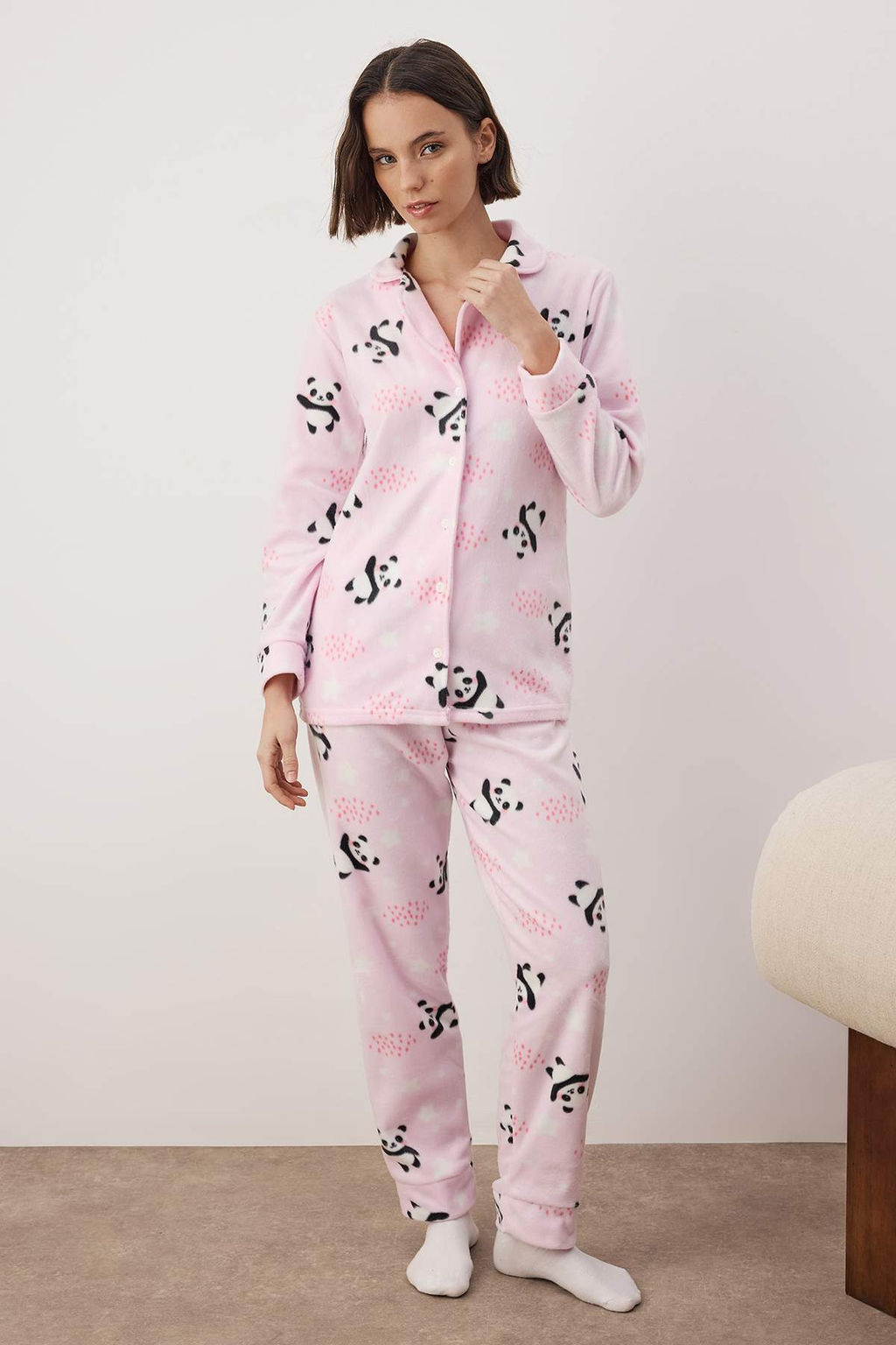 Ac?k Pembe Panda Desenli Uyku Bantl? Polar K?sl?k Orme Pijama Tak?m? THMAW22PT0359 - Trendyolmilla фото 3