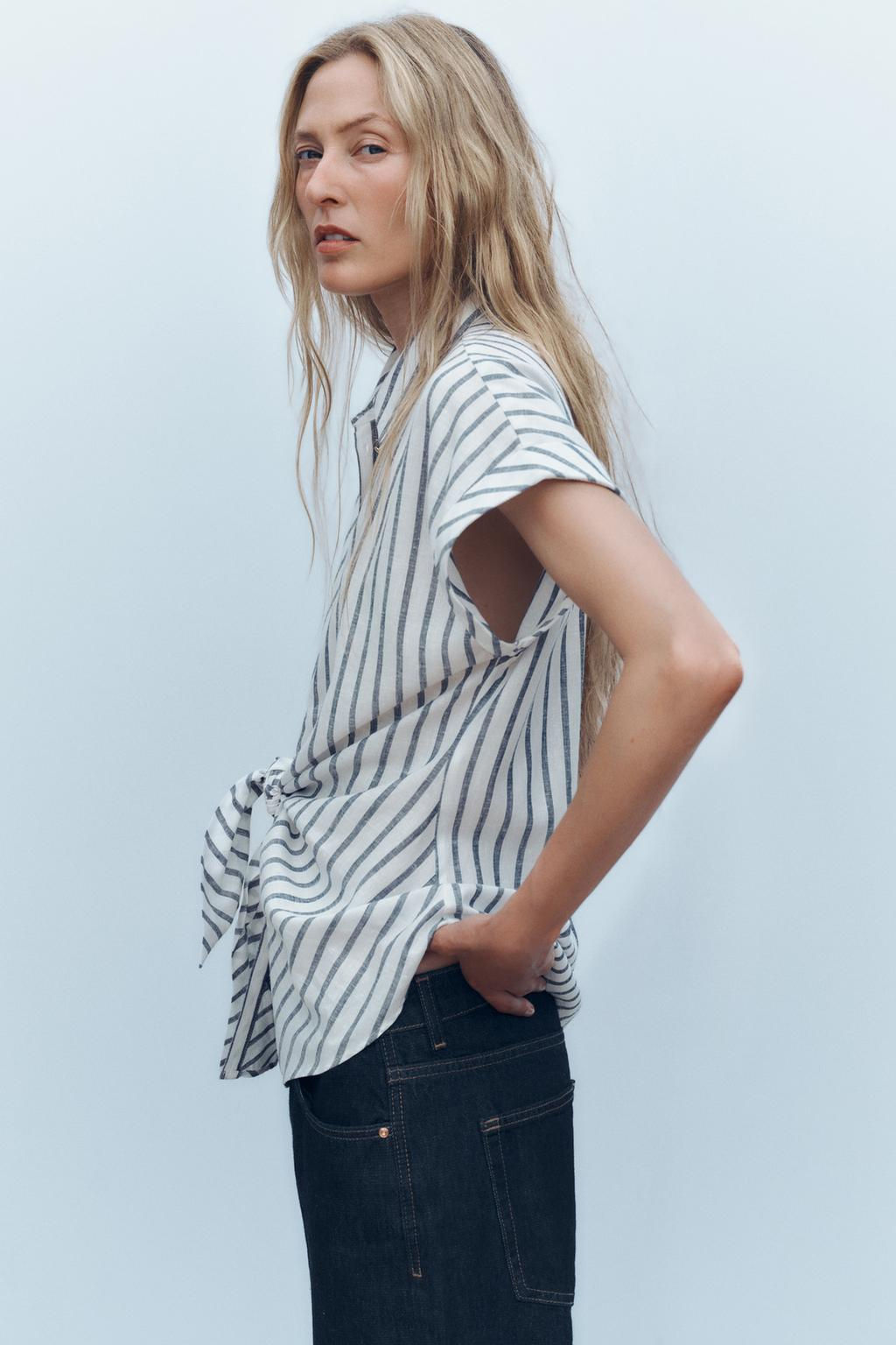STRIPED KNOTTED LINEN BLEND SHIRT - Zara фото 4