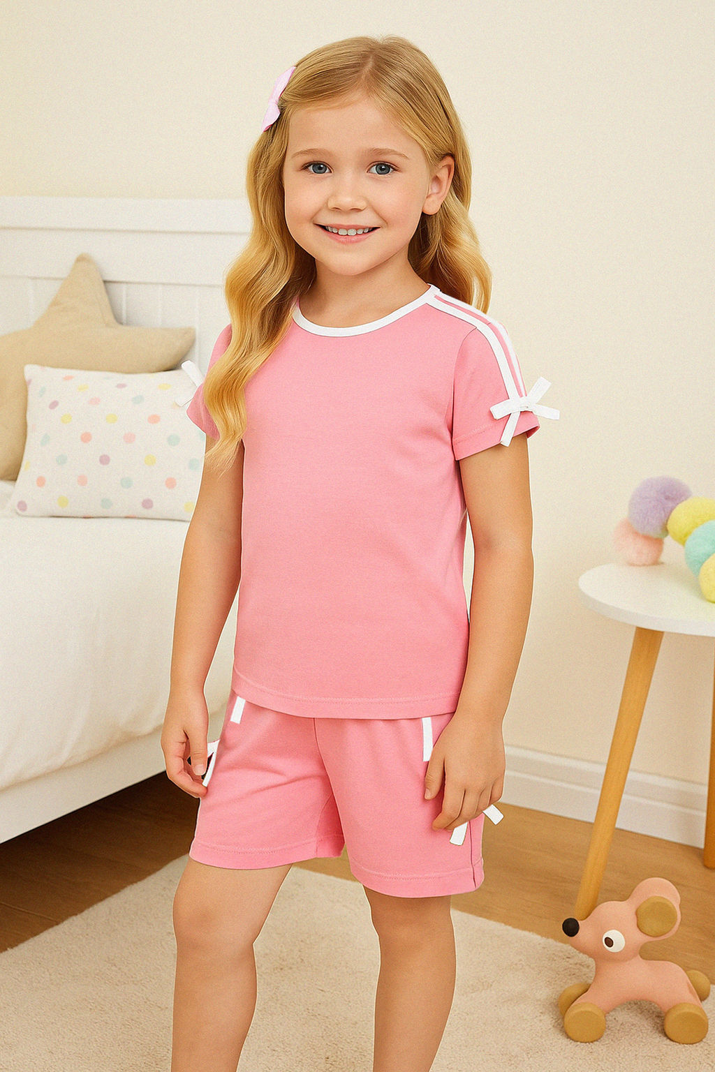 Pembe K?z Cocuk %100 Pamuk Kurdele Detayl? K?sa Kol Orme Pijama Tak?m? TKDSS25PT00038