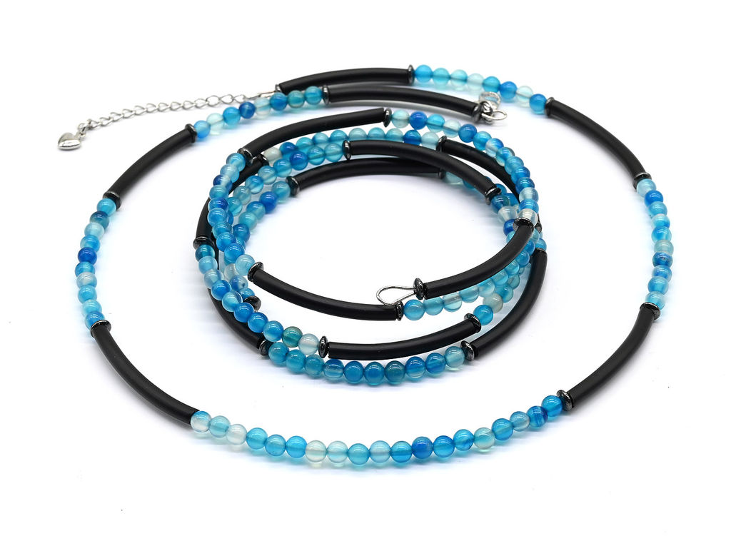 Колье чокер и браслет с агатом тонированным шарик 4мм цв.лазурный, 44см, 19см