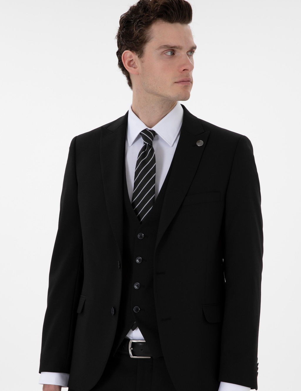 Siyah Ex. Slim Fit Yelekli Tak_m Elbise