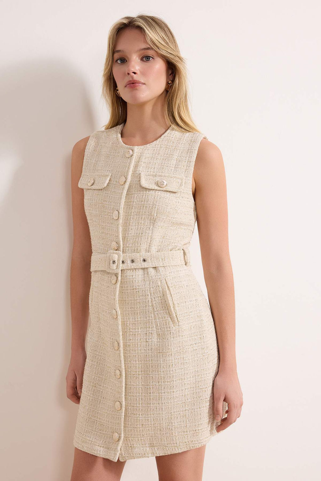 Ekru Dugmeli K?sa / Mini Dokuma Elbise TWOAW26EL00383