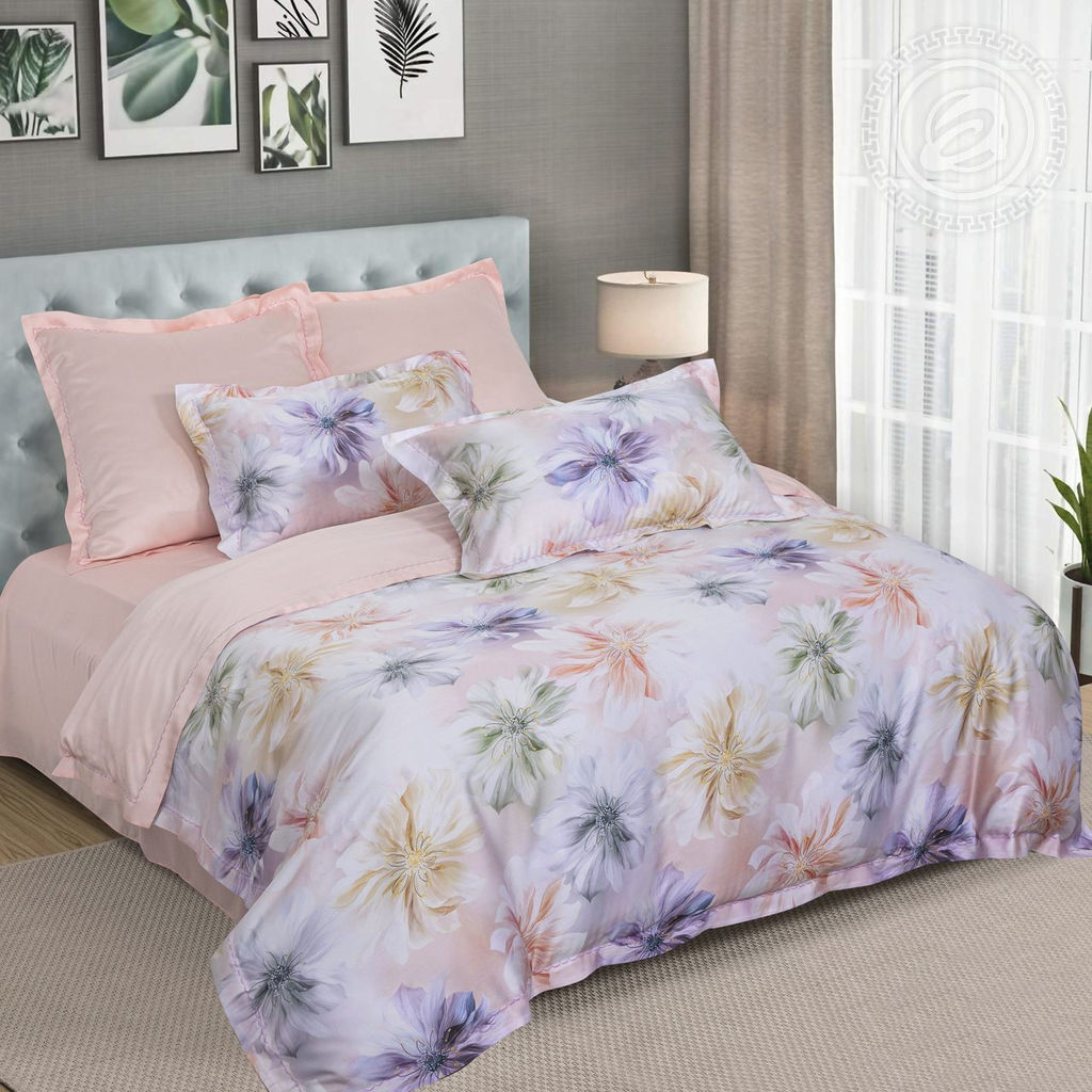 Постельное белье Кэтрин (тенсель) 2 сп. с Евро/Пододеяльник (молния, ушки): 1 шт.- 210*175; Простыня: 1 шт.- 240*240; Наволочка (молния, ушки): 2 шт.- 70*70; Наволочка (молния, ушки): 2 шт.- 50*70 Тенсел