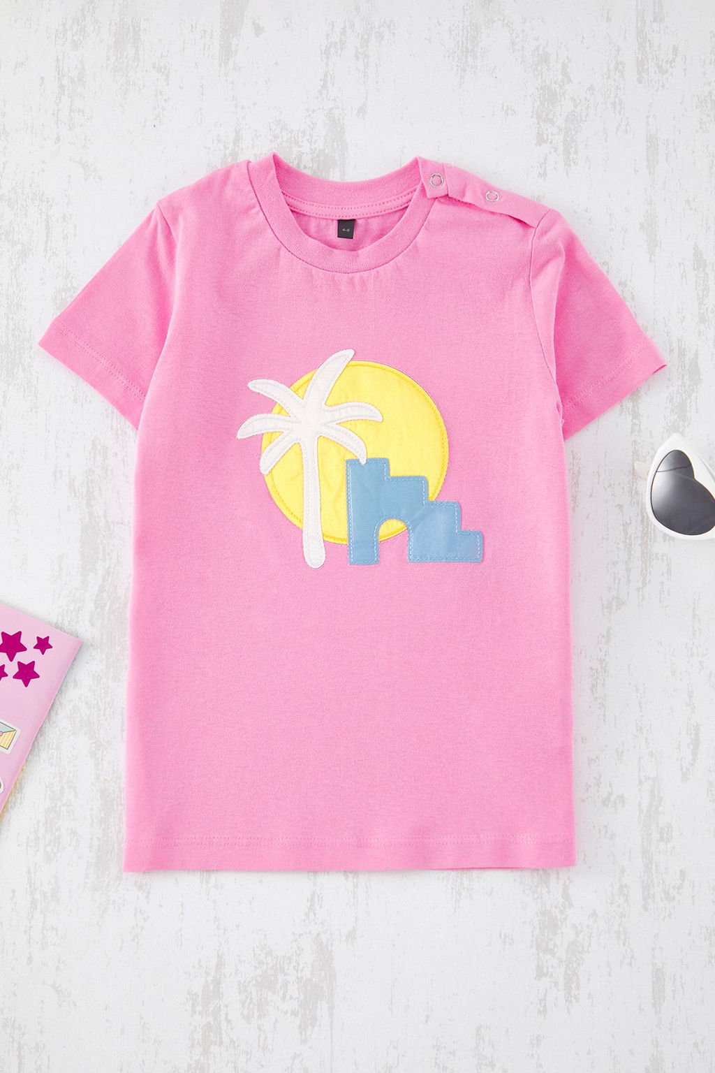 Ekru K?z Cocuk %100 Pamuk Palmiye Bask?l? Regular/Normal Kal?p K?sa Kol Orme T-Shirt TKDSS25TS00051