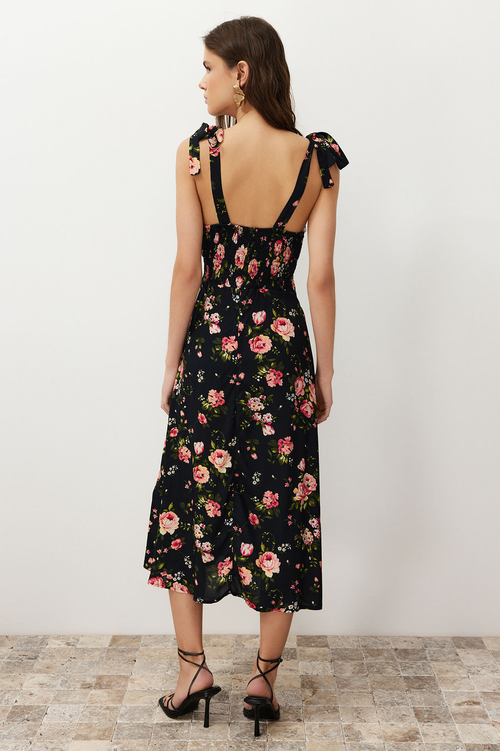 Siyah Cicekli A Kesim Viskon Midi Dokuma Elbise TWOSS24EL00714 - Trendyolmilla фото 6