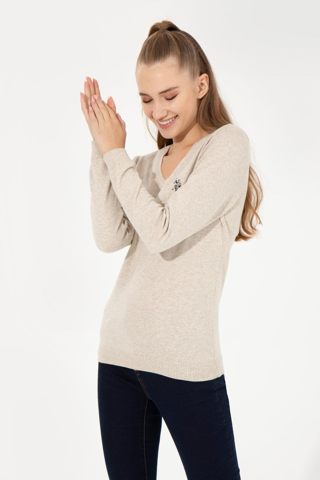 U. S. Polo Assn Женский базовый свитер с v-образным вырезом и каменным меланжом - U.s. polo assn фото 15