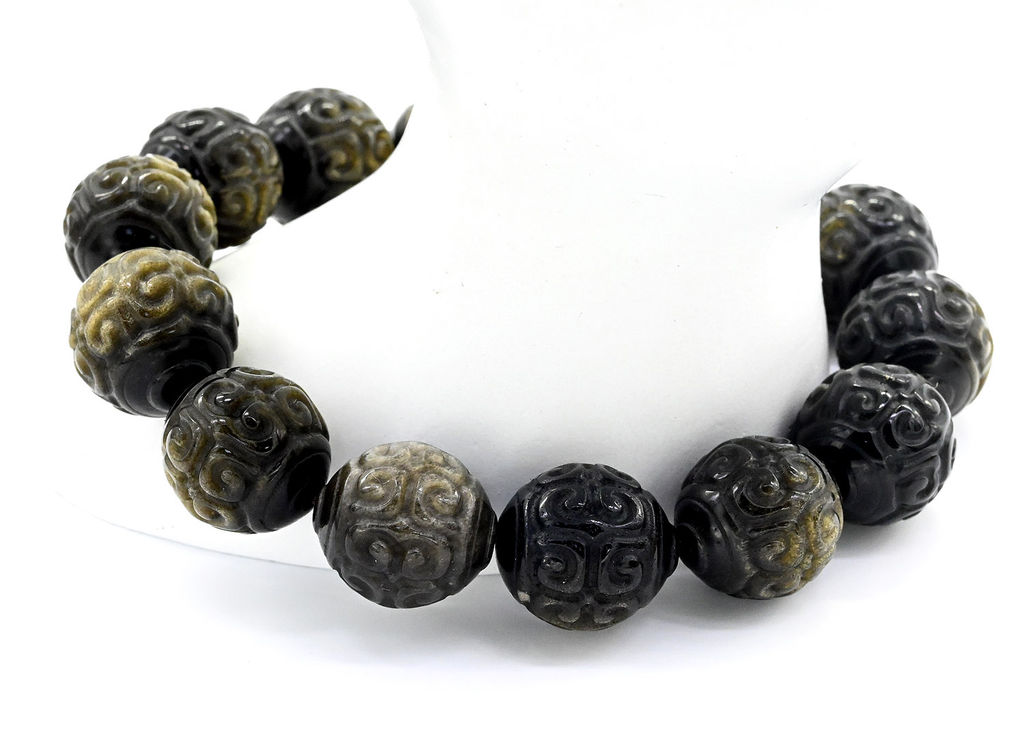 Браслет из Обсидиана шарик резной 14мм, 55г