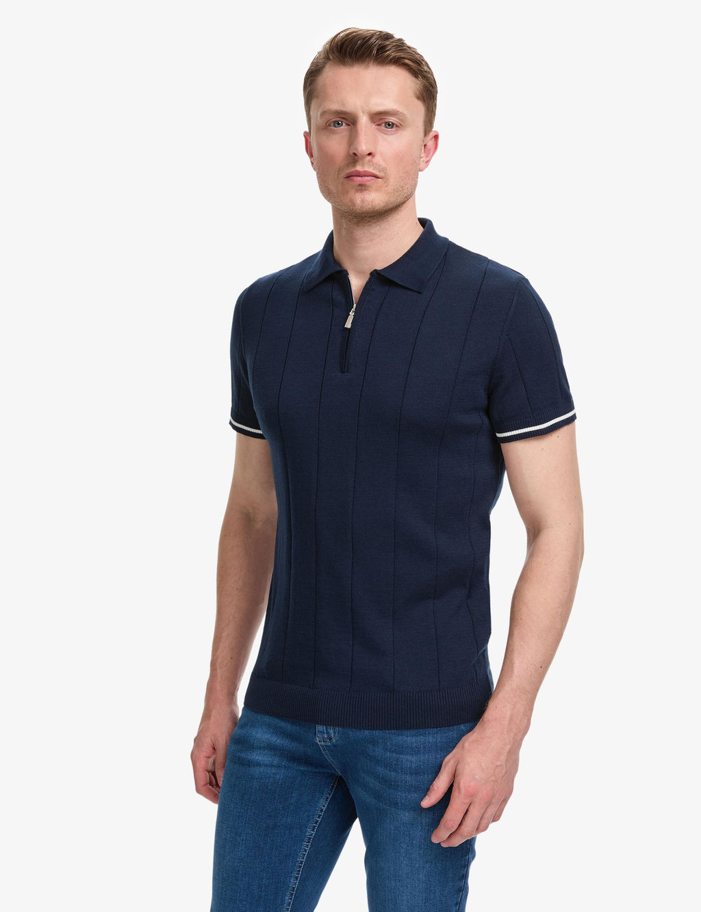 Lacivert Slim Fit %100 Pamuk Fermuarl_ Polo Yaka Triko Ti__rt