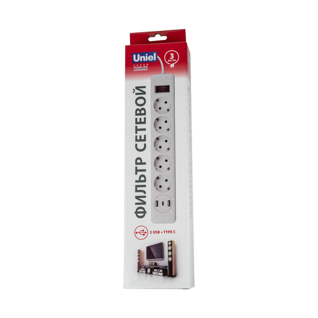S-GSR5-3 U2C1 WHITE/GREY Сетевой фильтр серии Standard, шнур 3м (Пвс 3х0,75), 5 гнезд, с/з, 2USB+1TYPE C, 10A, 2500Вт. Белый/серый. TM Uniel