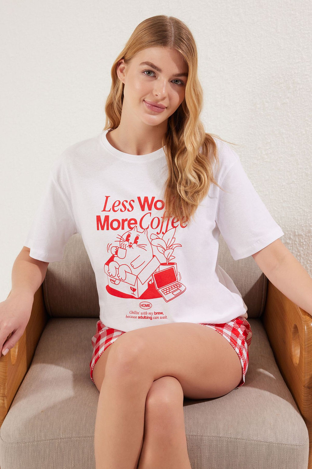 Trendyolmilla Kad?n Couple/Cift K?rm?z? %100 Pamuklu Ekoseli Sortlu Orme Pijama Tak?m? THMSS25PT00178 фото 3