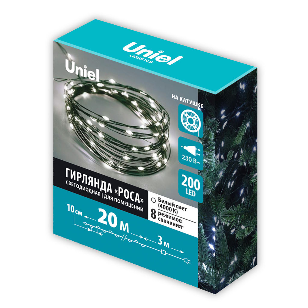 ULD-S2000-200/DGA WHITE IP20 DEW Гирлянда светодиодная "Роса", 20м. 200 светодиодов. Белый свет. Провод зеленый. ТМ Uniel