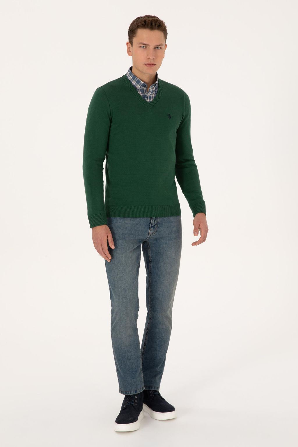 Erkek Slim Fit V Yaka Koyu Ye_il Basic Triko Kazak - U.s. polo assn фото 4