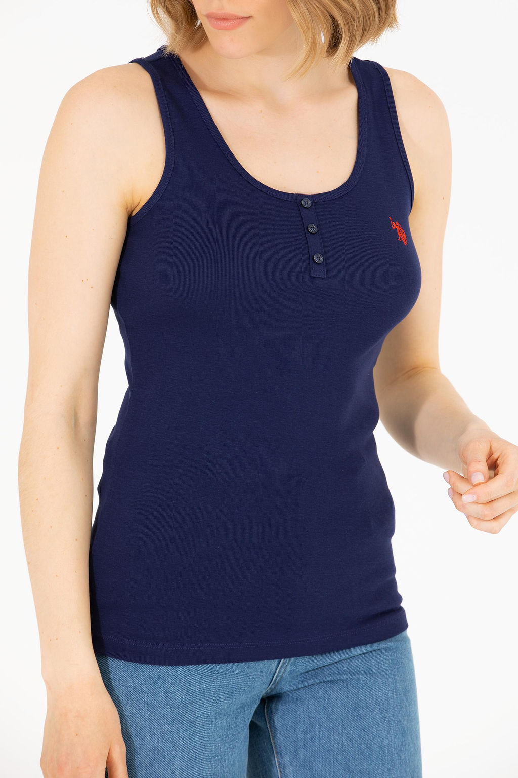 U. S. Polo Assn Женская базовая футболка без рукавов темно-синего цвета с круглым вырезом - U.s. polo assn фото 6