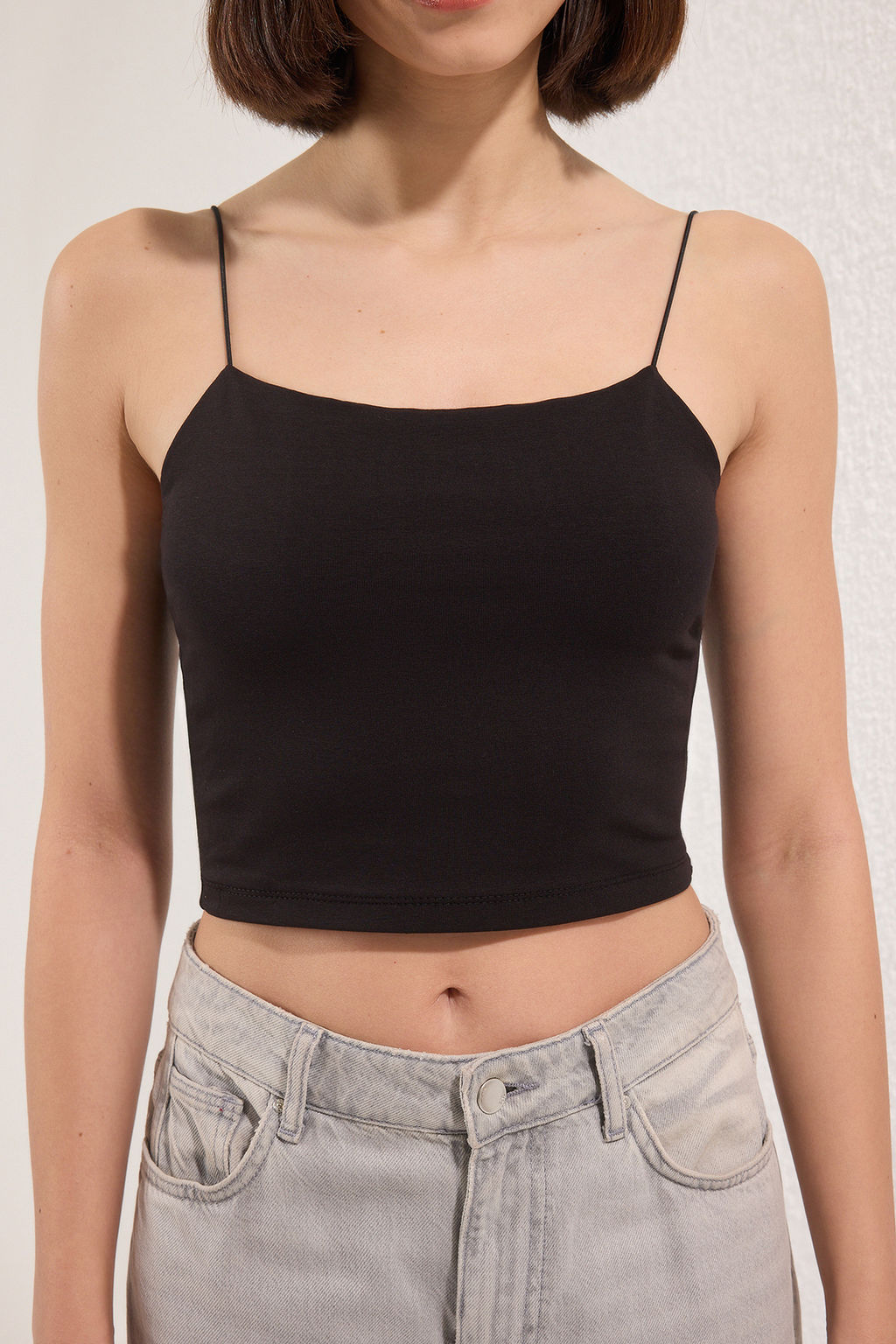 Siyah-Siyah 2li Paket Pamuklu Spagetti Ask?l? Crop Esnek Orme Atlet TWOSS21AL0196