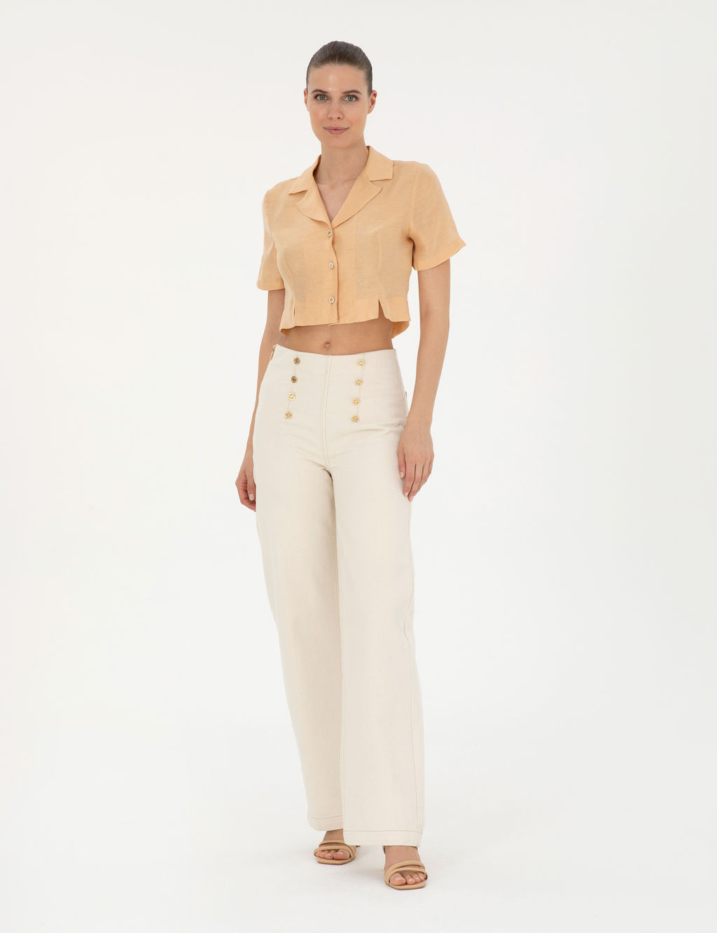 Bej Keten Kar___ml_ Slim Fit Crop G_mlek