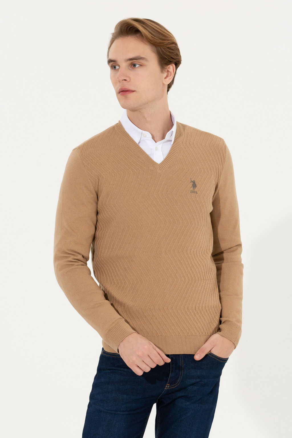 Свитер мужской U. S. Polo Assn с v-образным вырезом светло-коричневый меланж из хлопка - U.s. polo assn фото 13