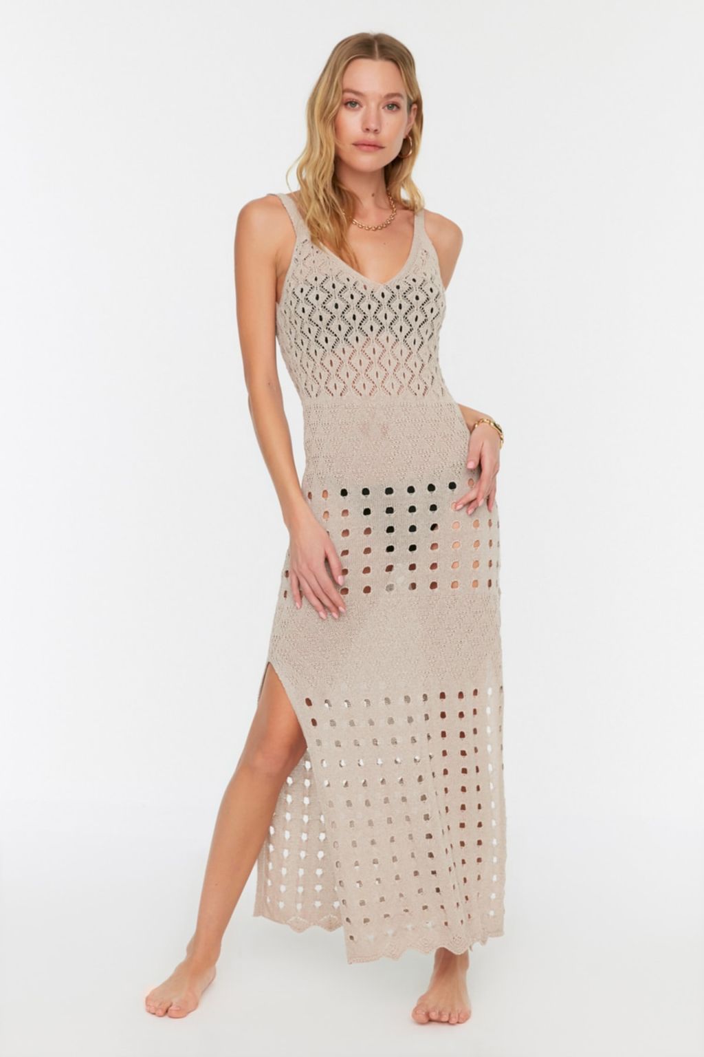 Bej Orme Y?rtmacl? Maxi Plaj Elbise TBESS22EL2917 - Trendyolmilla фото 2