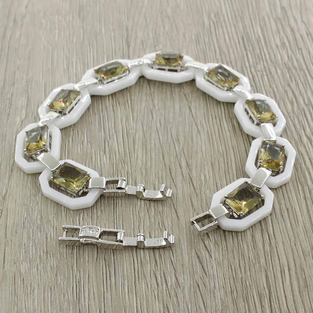 Браслет Октагон из белой керамики с Султанитом, покрытие родий, длина 18см - Agat77 фото 3