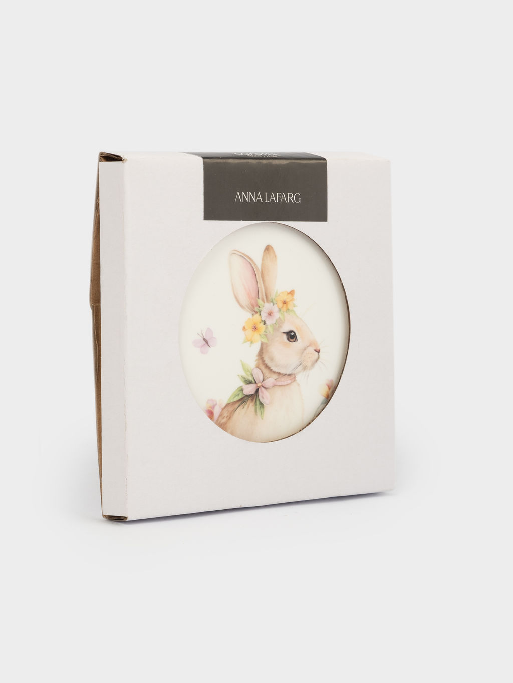 Подставка под кружку, 11 см, круглая, керамика/пробка, белая, Кролик с венком в цветах, Easter rabbit