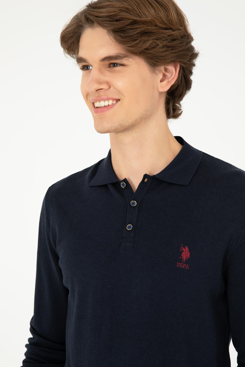 Erkek Slim Fit Polo Yaka Lacivert Basic Kazak