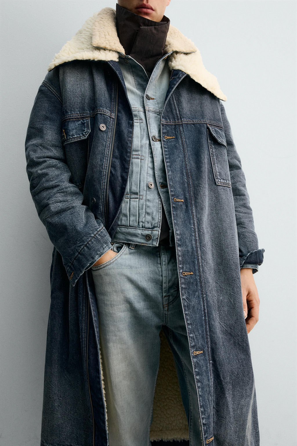 DENIM COAT WITH CONTRAST FAUX SHEARLING X SR_A