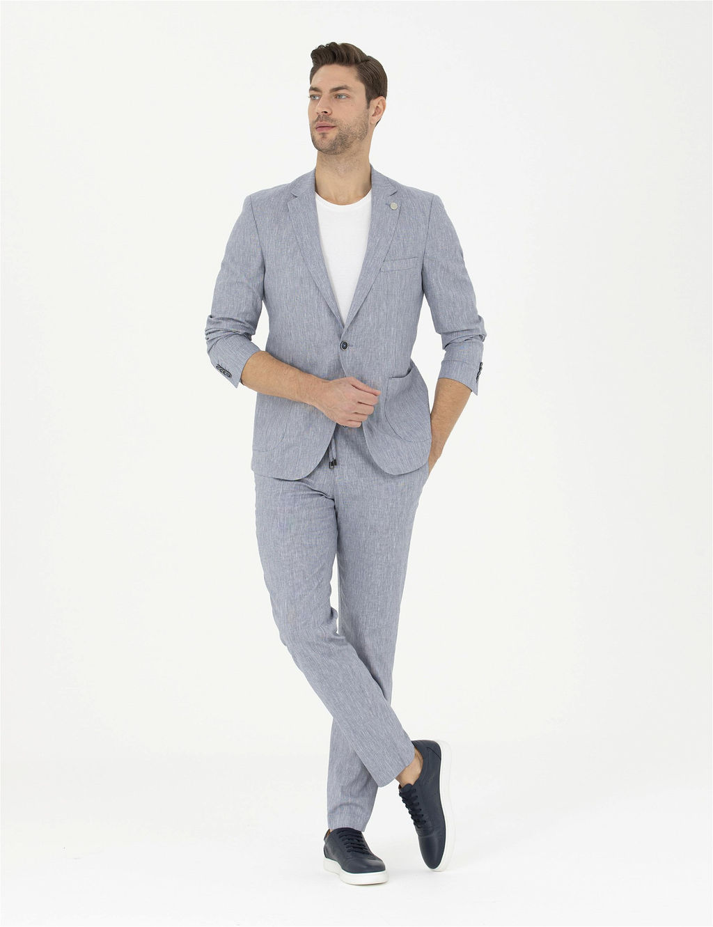 Koyu Mavi Ex. Slim Fit Keten Kar___ml_ Kuma_ Pantolon