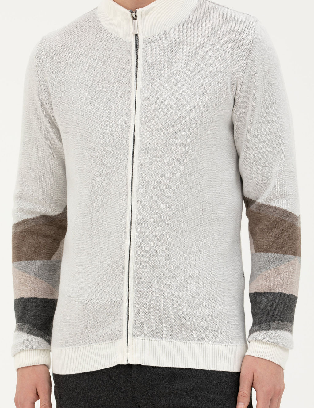 Ekru Slim Fit Fermuarl_ Triko H_rka