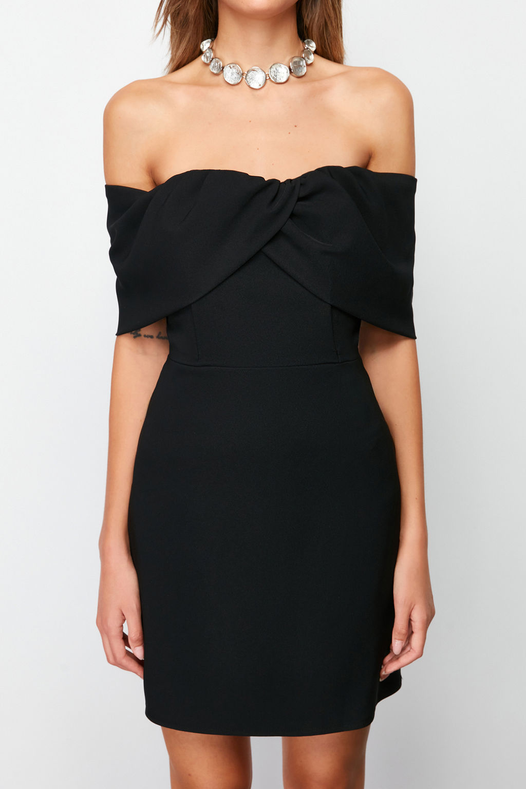 TRENDYOLMILLA Siyah Carmen Yaka Dokuma K?sa Elbise TPRSS24EL00154  фото 12