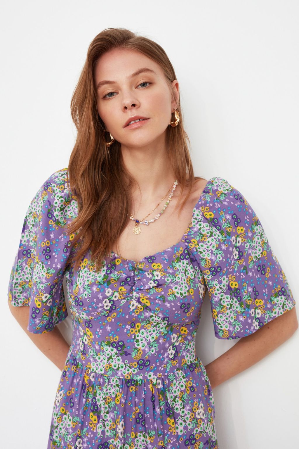 TRENDYOLMILLA Mor A Kesim Balon Kollu Cicek Desenli Midi Dokuma Elbise TWOSS20EL2323  фото 8