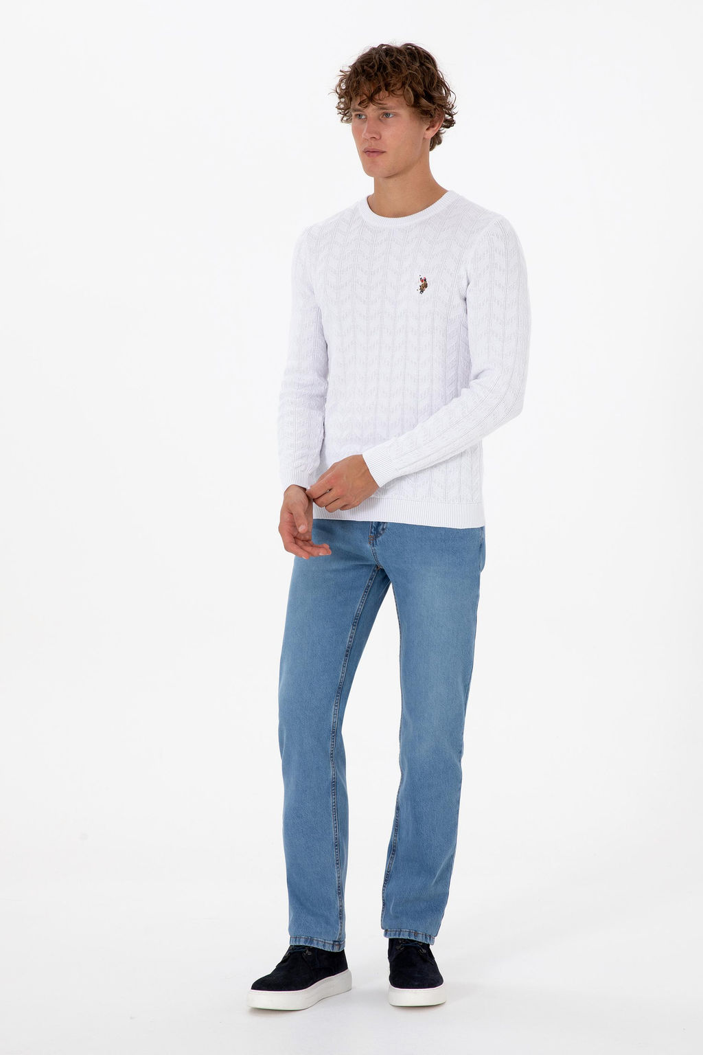 Erkek Slim Fit Bisiklet Yaka Desenli Beyaz Kazak