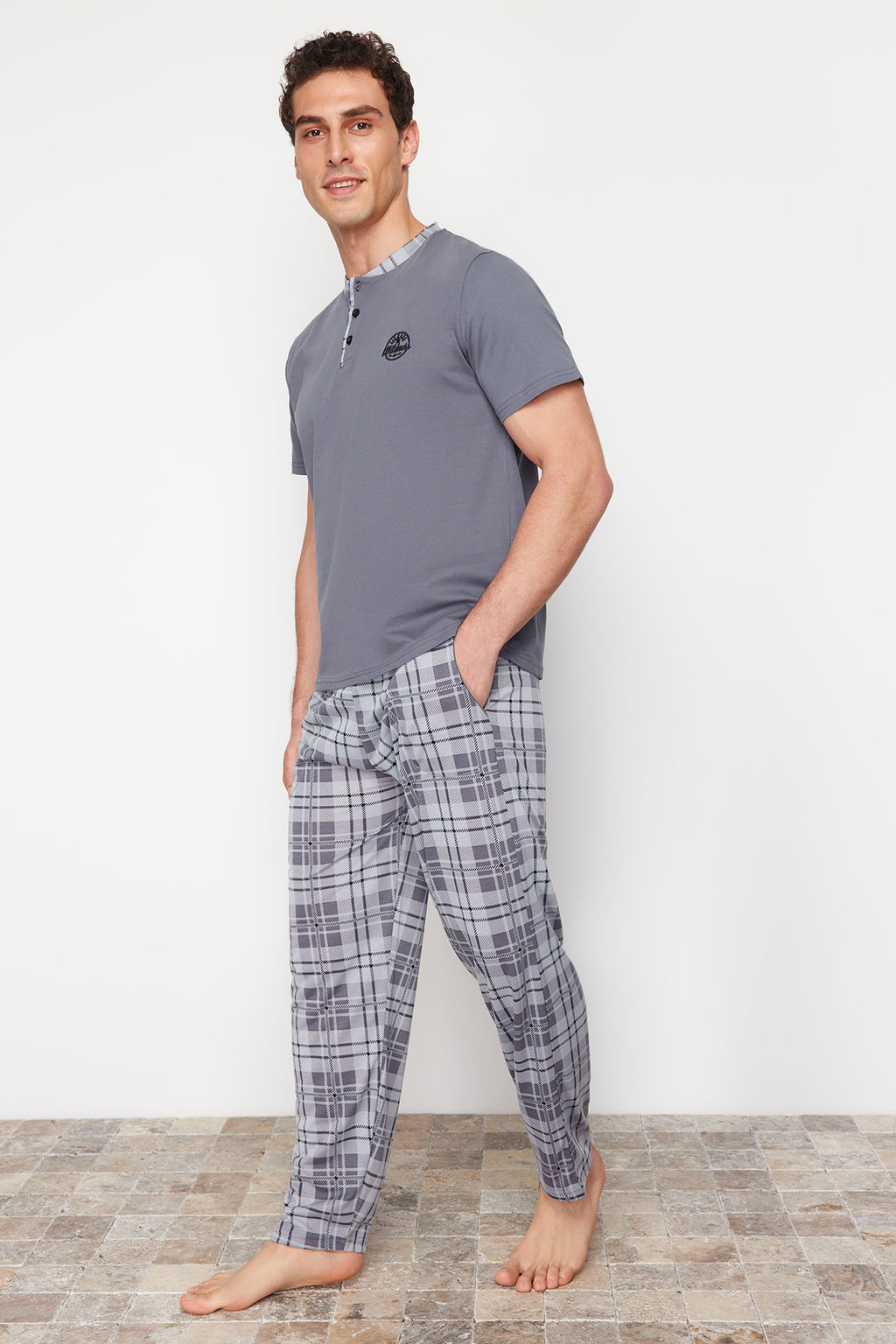 TRENDYOL MAN Antrasit Regular Fit Ekose Orme Pijama Tak?m? TMNSS24PT00037 - Trendyolmilla фото 2