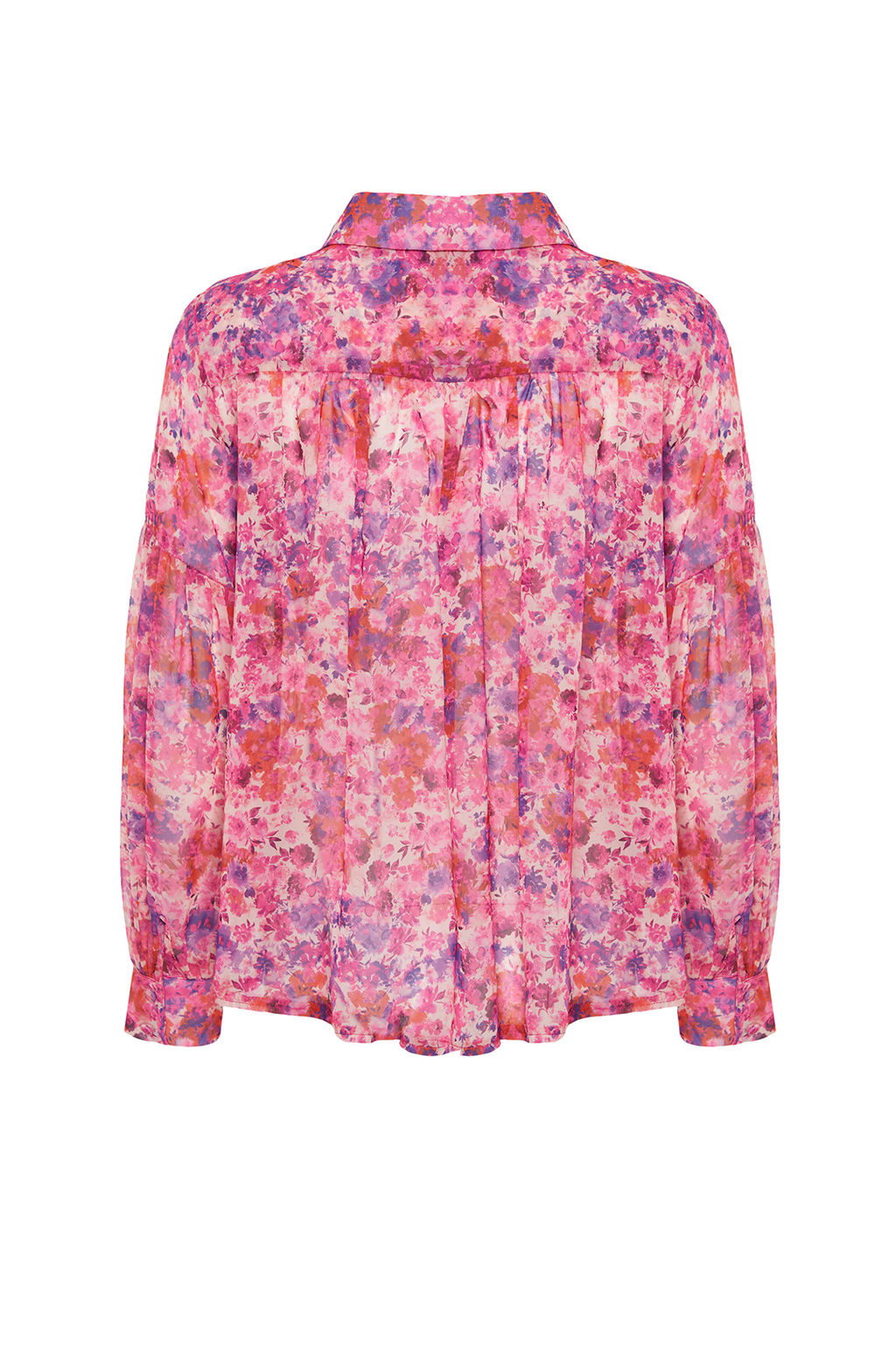 Pembe Balon Kol Cicek Desenli Sifon Kumas Oversize Genis Kal?p Dokuma Gomlek TWOSS24GO00003