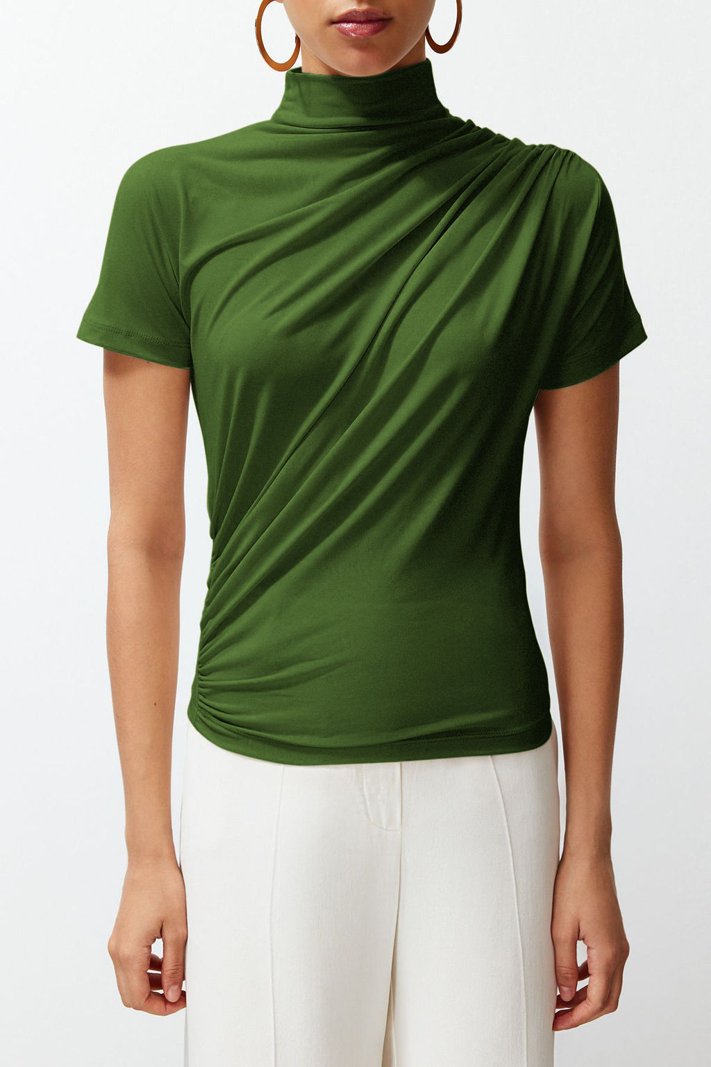 Yag Yesili Drape Detayl? Fitted/Vucuda Oturan K?sa Kollu Dik Yaka Esnek Orme Bluz TWOSS24BZ00426