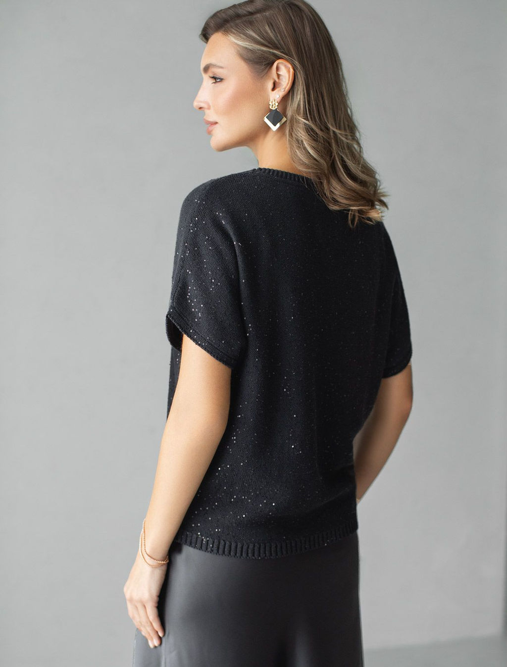 Джемпер с цельнокроенным коротким рукавом из хлопковой пряжи с пайетками - Vilatte фото 3