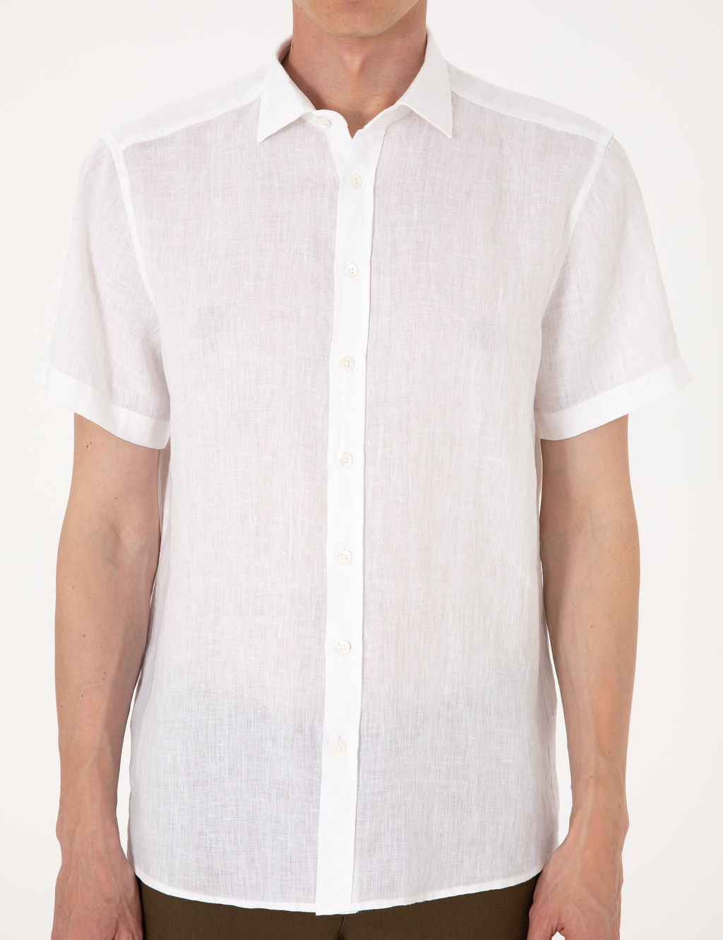 Beyaz %100 Keten Regular Fit K_sa Kollu G_mlek