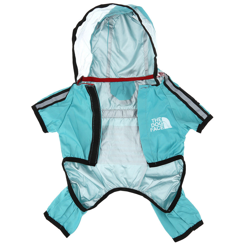 Пэт тойс (Pet toys) Одежда для собаки Комбинезон The dog face прозрачный ПВХ капюшон, с принтом, на липучке, светоотражающие полоски, р-р S, длина спинки 24см/обхват груди 46см/обхват шеи 32см, цвет-бирюзовый, плащевка (Китай) - Домашняя мода фото 3