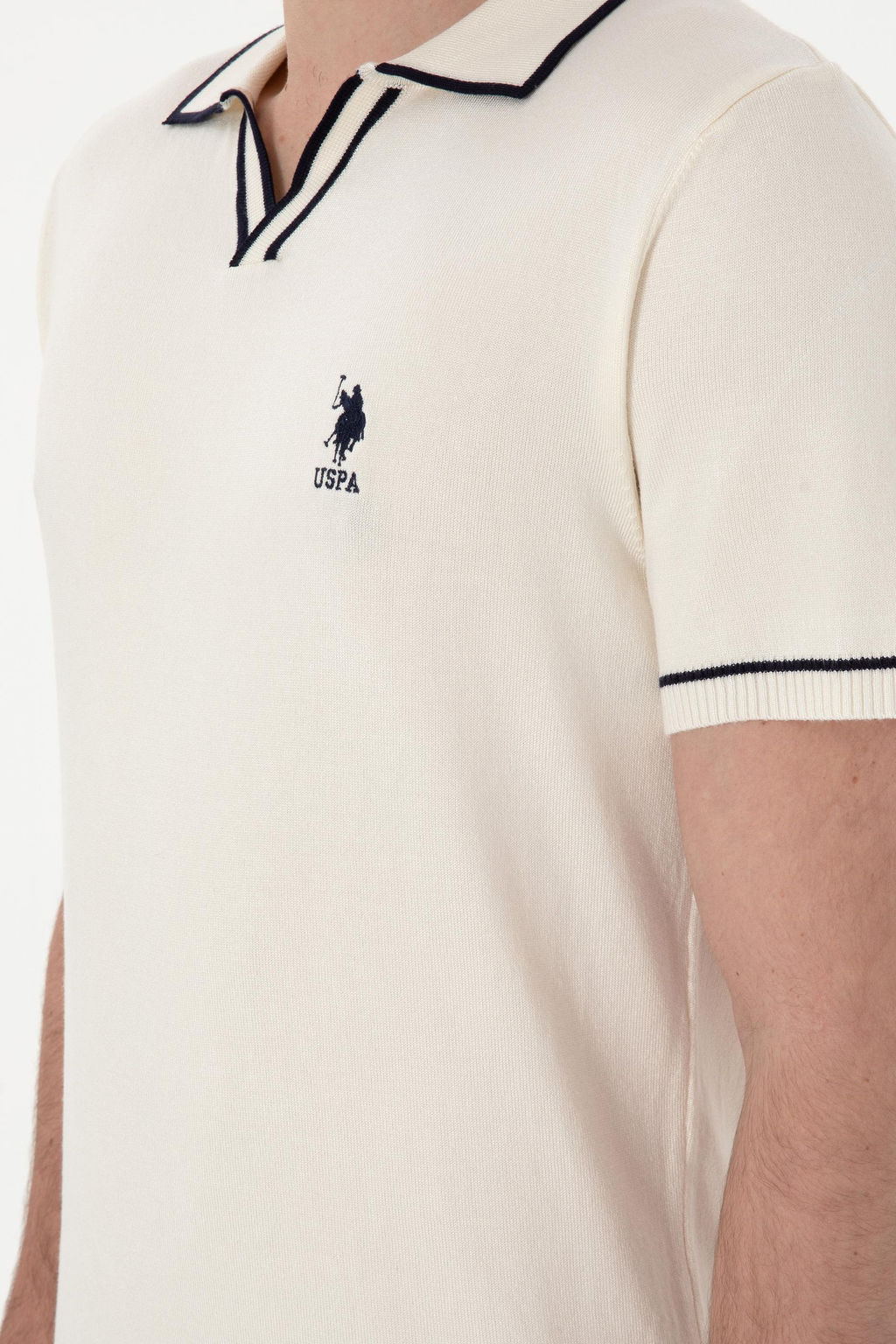 Erkek Slim Fit Polo Yaka Krem Triko Ti__rt
