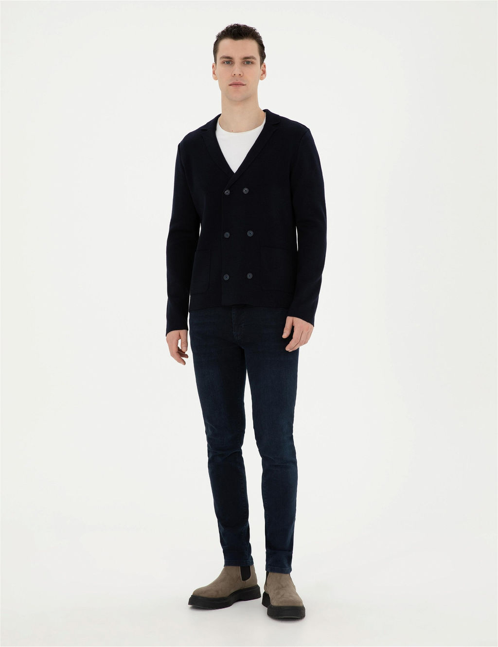 Koyu Lacivert Slim Fit Y_n Kar___ml_ D__meli Triko H_rka