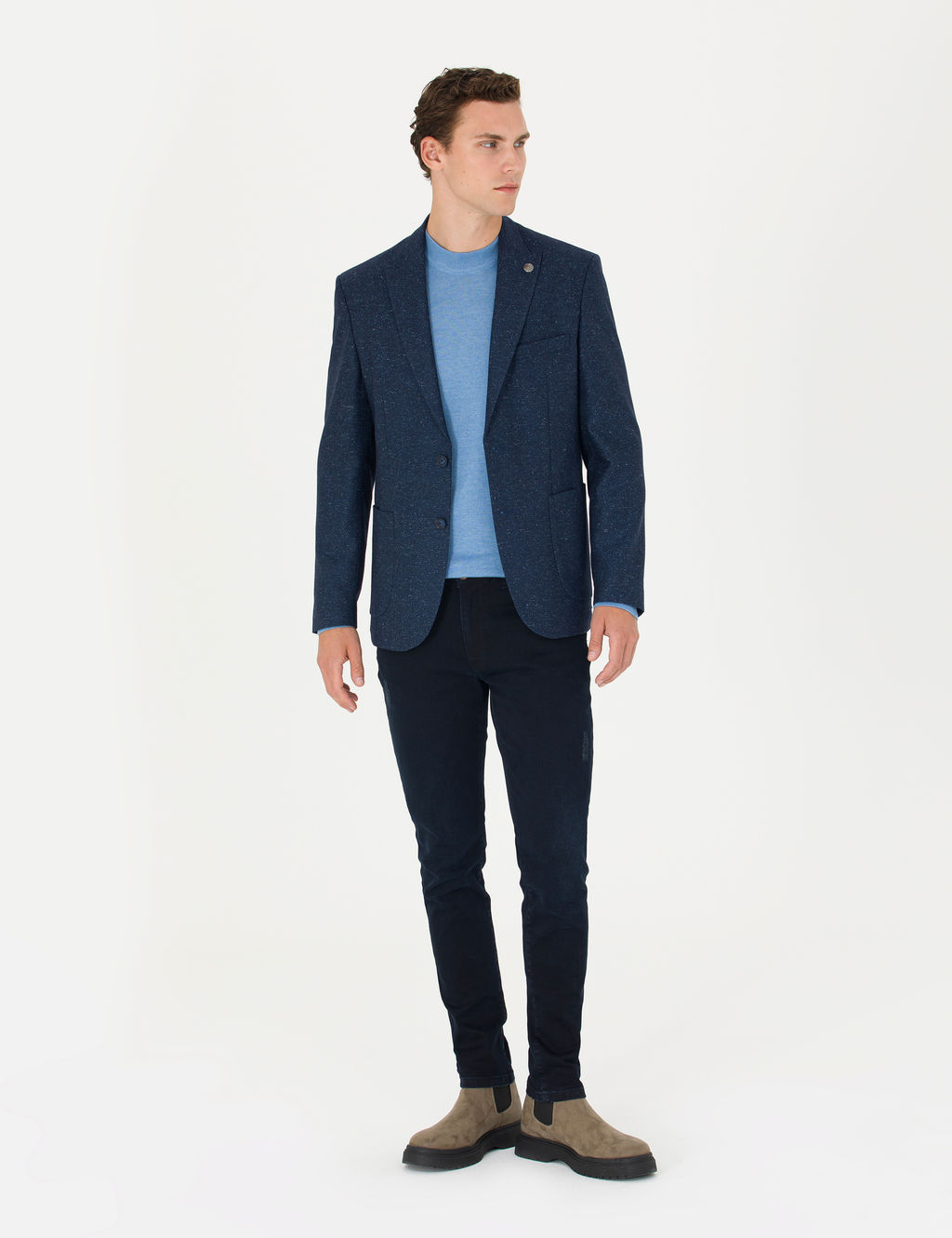 A__k Lacivert Y_n Kar___ml_ Slim Fit Ceket