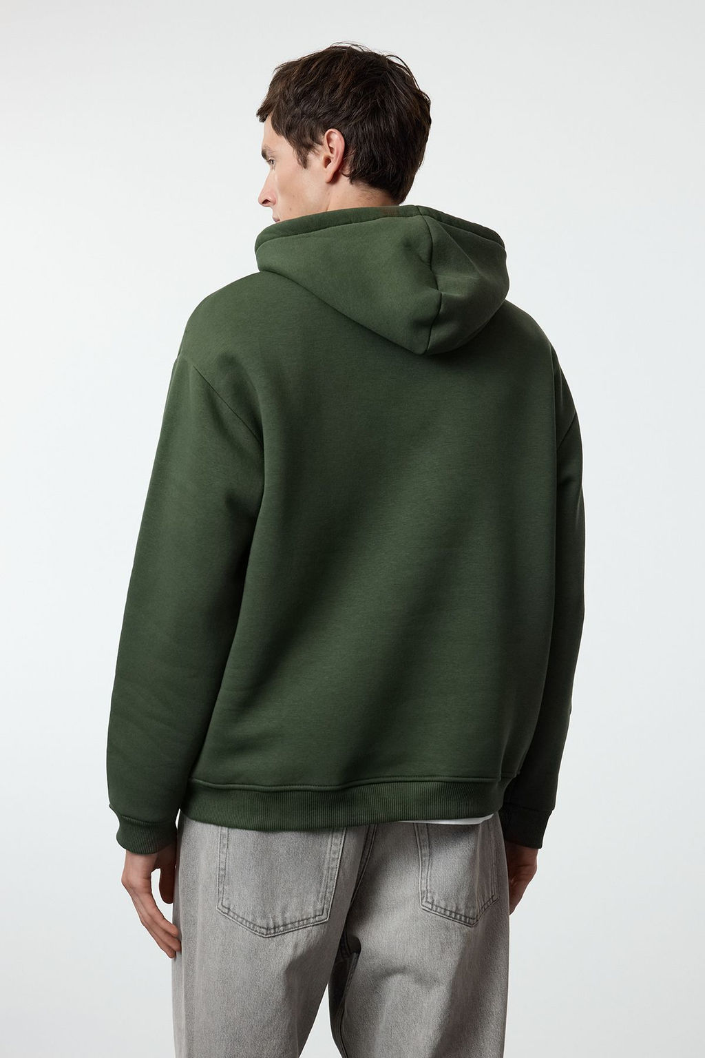 Haki Oversize/Genis Kesim Nak?sl? Ici Polarl? Kapusonlu Sweatshirt TMNAW25SW00016