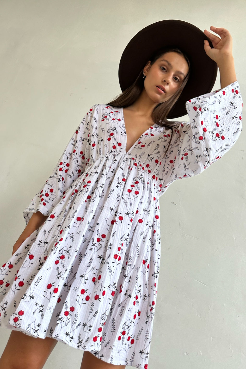 Платье муслин FLOWER030/06/Белый, красный